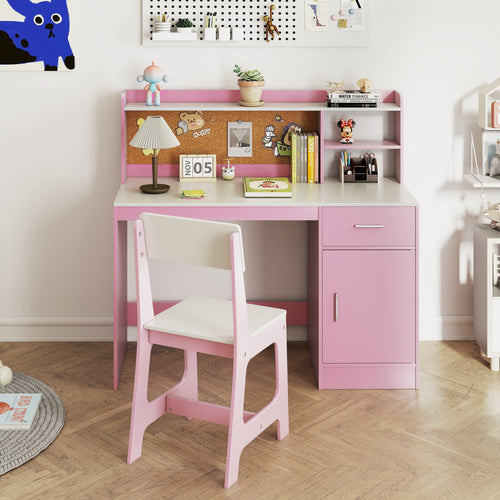 Kids Study Desk and Chair Set Student Table and Chair-White + Pink, White & Pink
