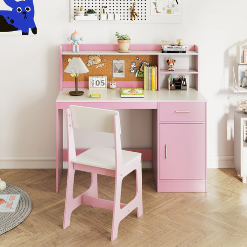 Kids Study Desk and Chair Set Student Table and Chair-White + Pink, White & Pink