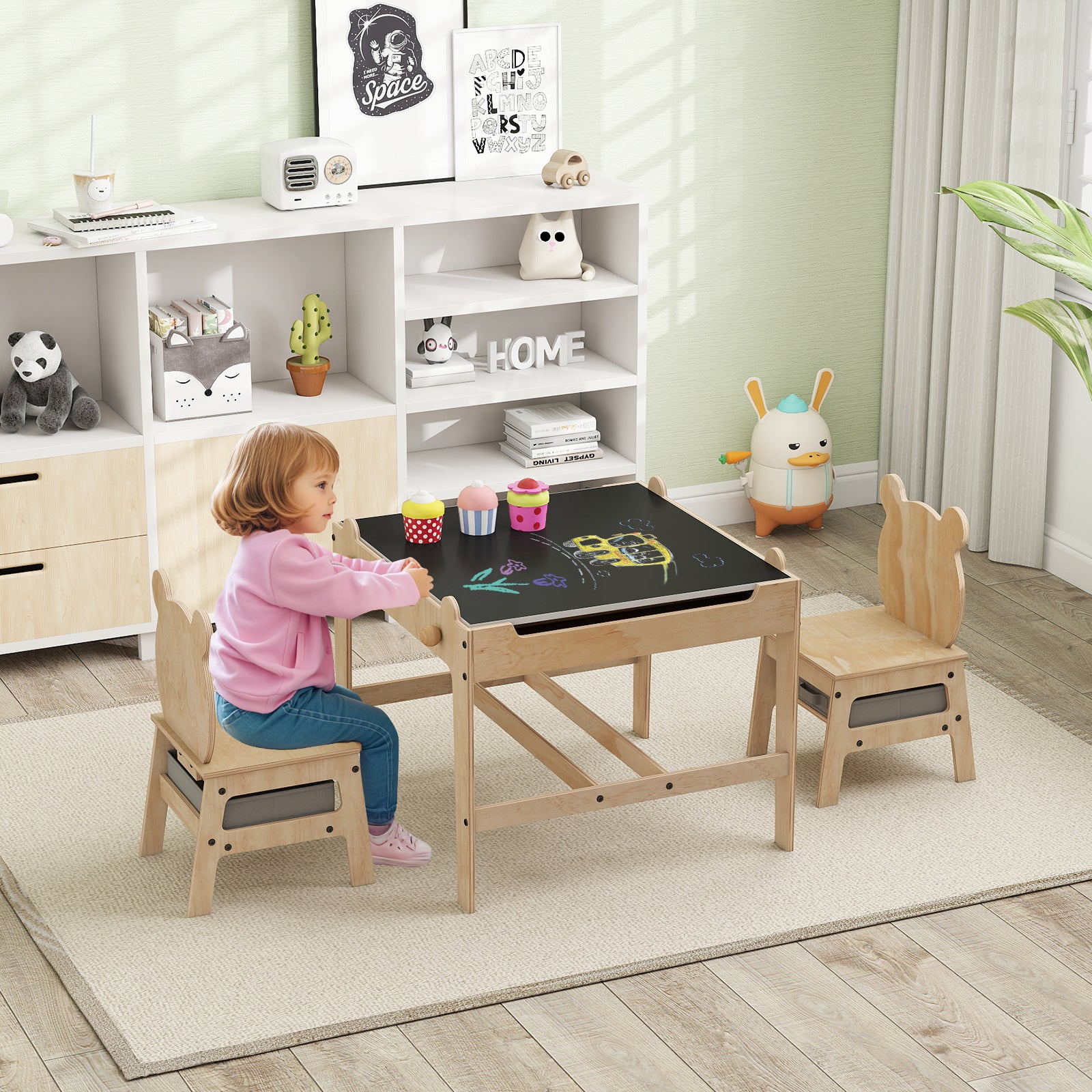 Kids Table and Chairs Set with Reversible Whiteboard-Panda-shaped Kids Table & Chair Sets at Gallery Canada