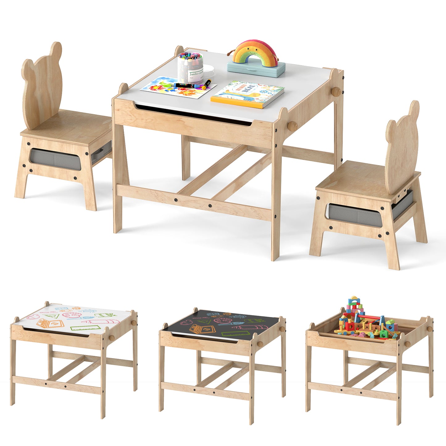 Kids Table And Chairs Set, Reversible Whiteboard, Panda-Shaped