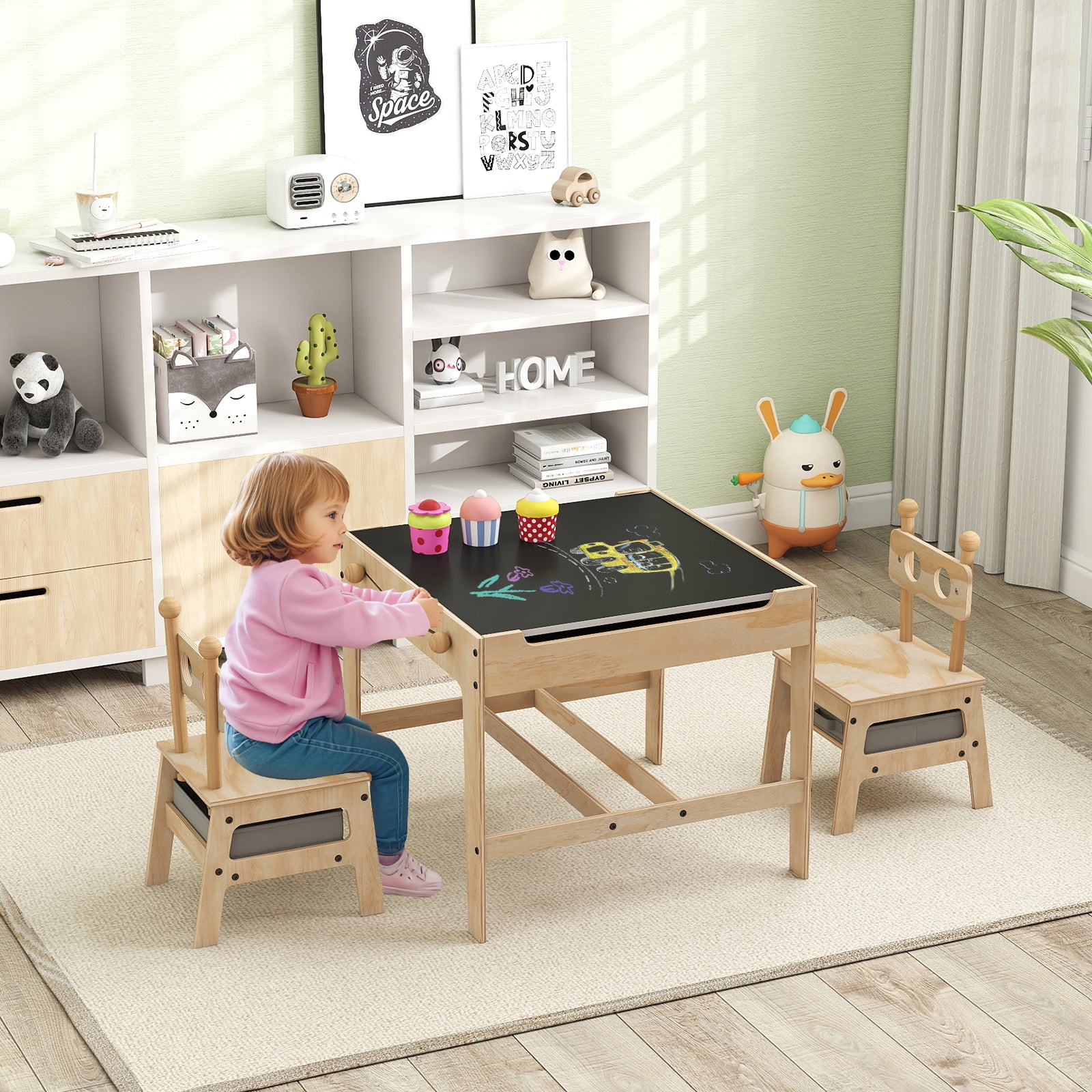Kids Table and Chairs Set with Reversible Whiteboard-Robot-shaped Kids Table & Chair Sets at Gallery Canada