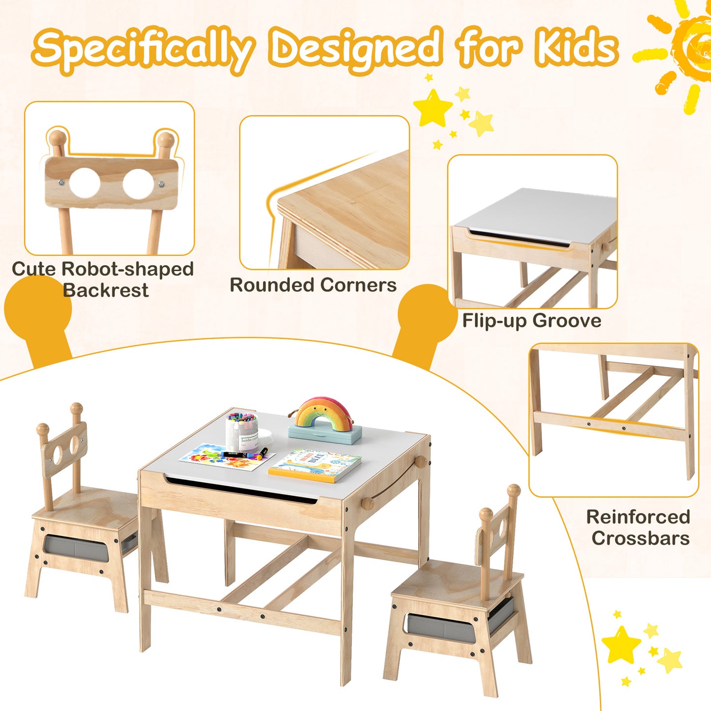 Kids Table and Chairs Set with Reversible Whiteboard-Robot-shaped Kids Table & Chair Sets at Gallery Canada