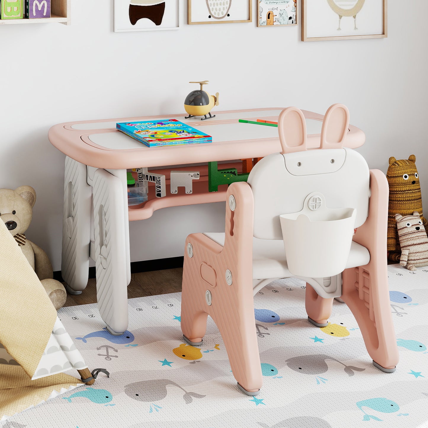 Kids Table and Chair Set with Flip-Top Bookshelf, Pink Kids Table & Chair Sets at Gallery Canada