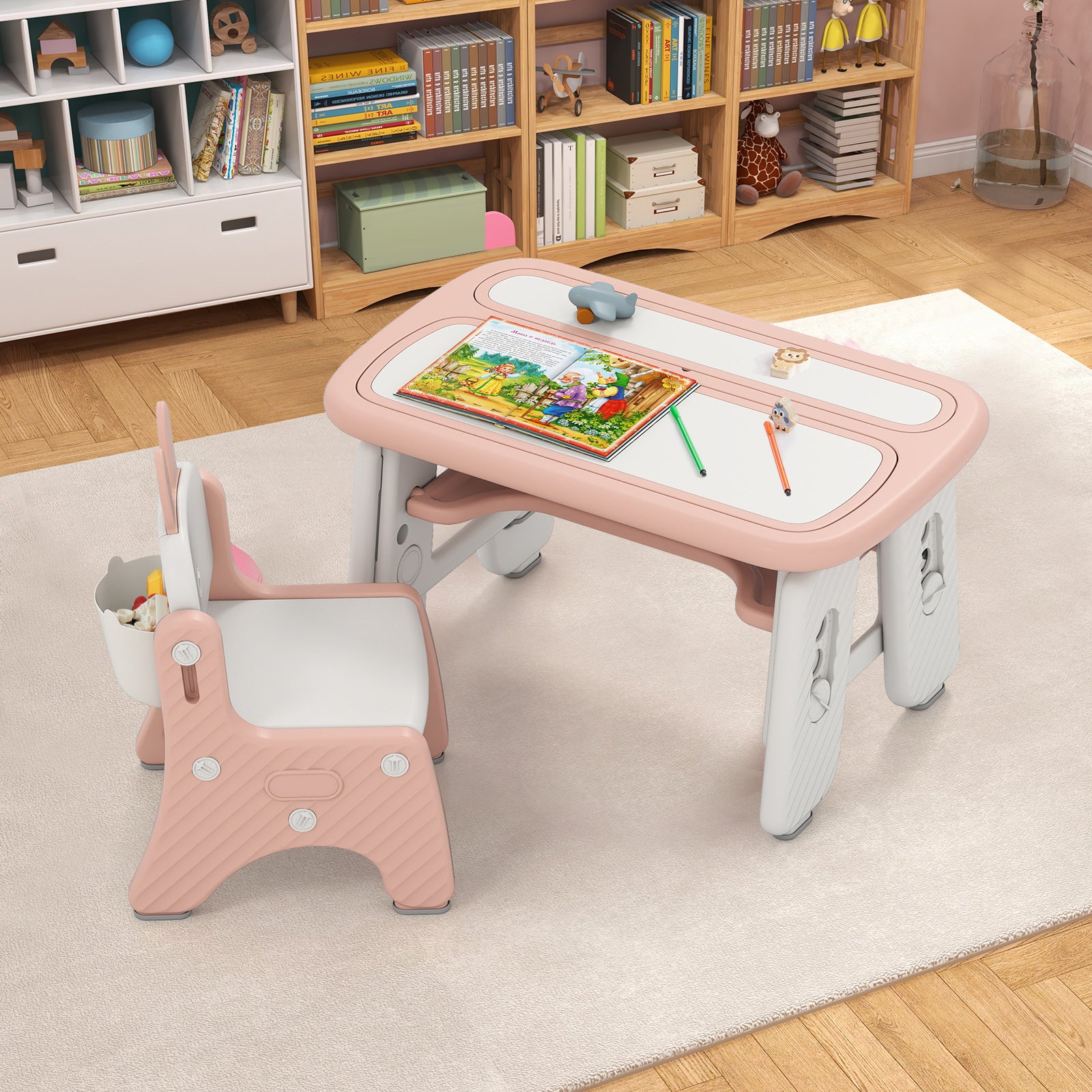 Kids Table and Chair Set with Flip-Top Bookshelf, Pink Kids Table & Chair Sets at Gallery Canada