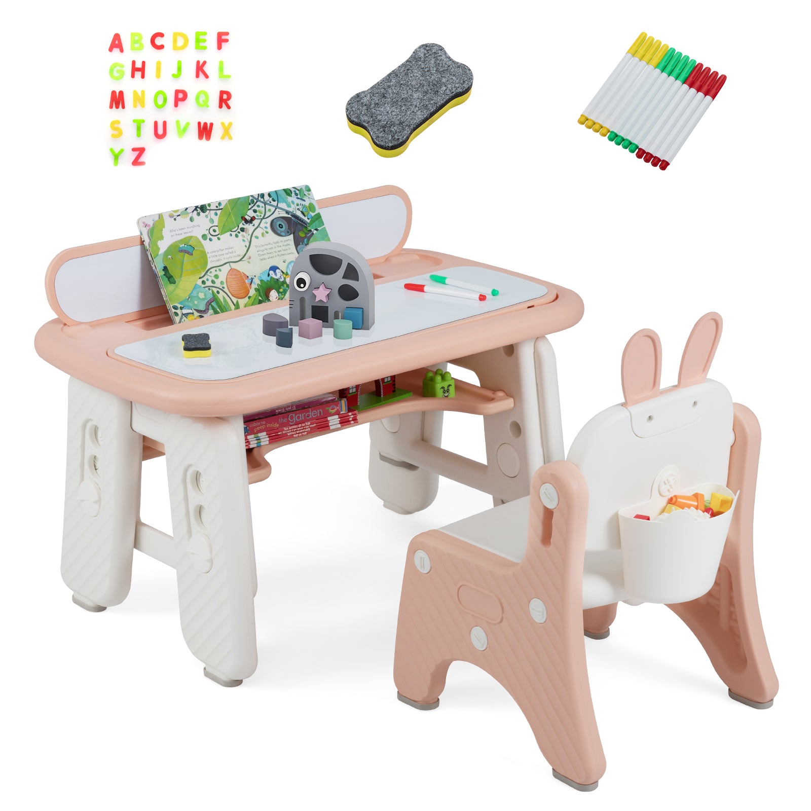 Kids Table and Chair Set with Flip-Top Bookshelf, Pink Kids Table & Chair Sets at Gallery Canada