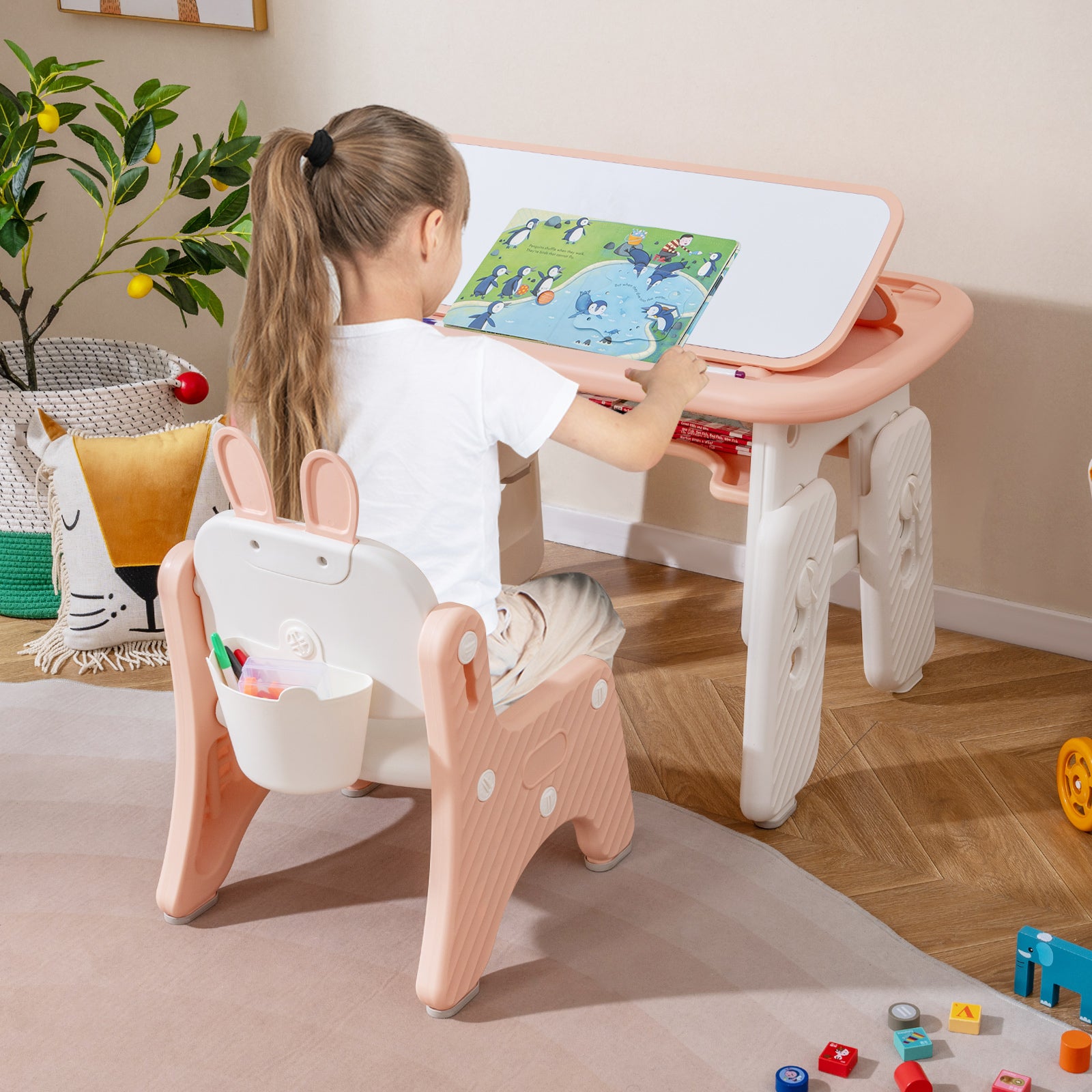 Kids Table and Chair Set with Flip-Top Bookshelf, Pink Kids Table & Chair Sets at Gallery Canada