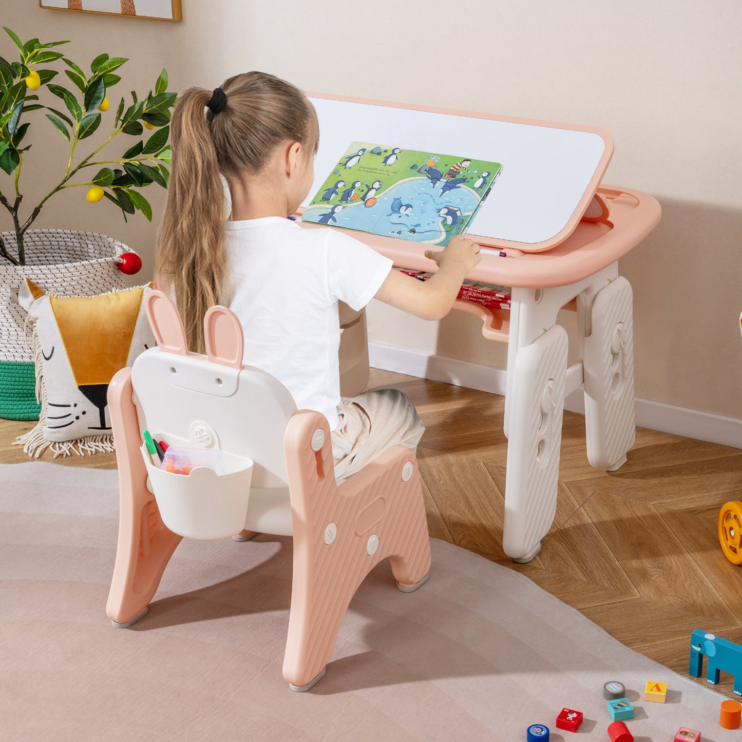 Kids Table and Chair Set with Flip-Top Bookshelf, Pink Kids Table & Chair Sets at Gallery Canada
