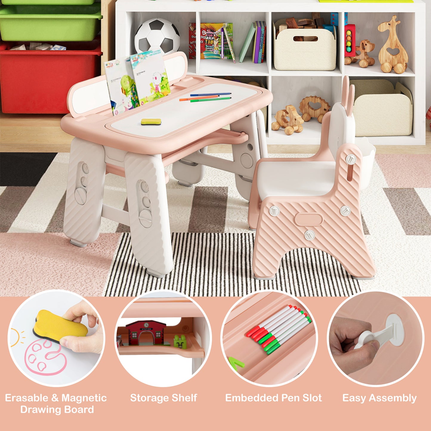 Kids Table and Chair Set with Flip-Top Bookshelf, Pink Kids Table & Chair Sets at Gallery Canada