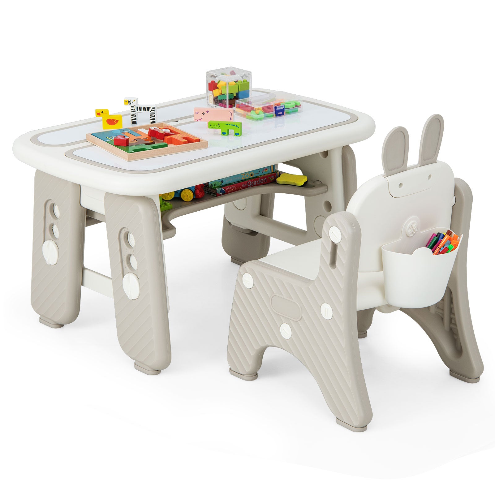 Kids Table And Chair Set With Flip-Top Bookshelf, Gray Kids Table & Chair Sets at Gallery Canada