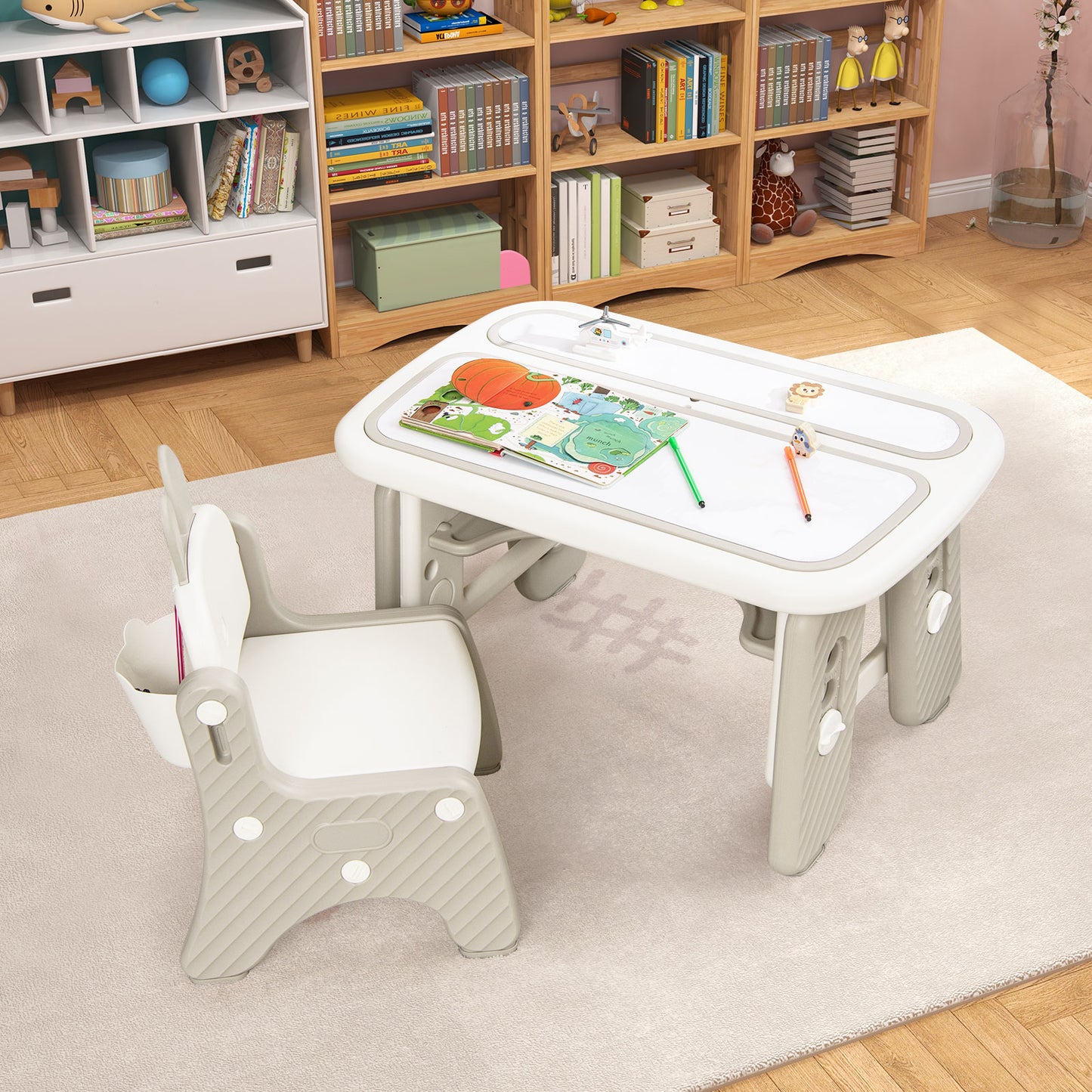 Kids Table And Chair Set With Flip-Top Bookshelf, Gray Kids Table & Chair Sets at Gallery Canada