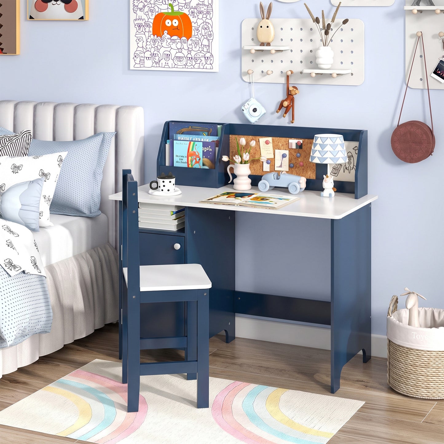Kids Table Chair Set, Bookshelf Cabinet, Blue