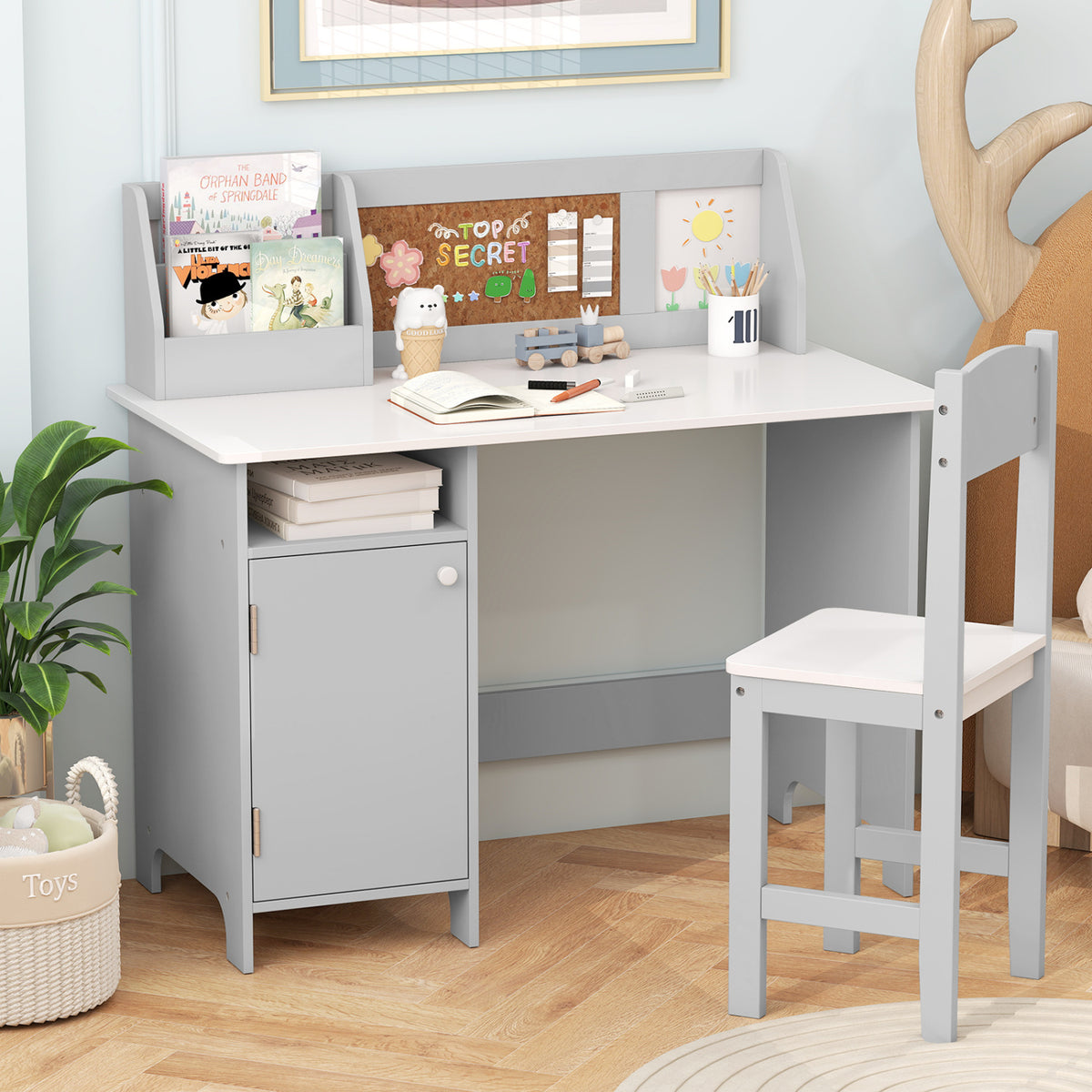 Kids Table and Chair Set, Bookshelf, Cabinet, Gray