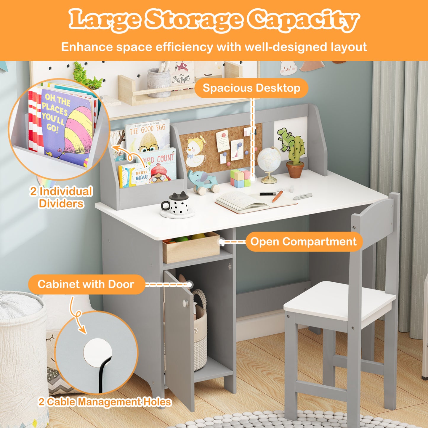 Kids Table and Chair Set, Bookshelf, Cabinet, Gray