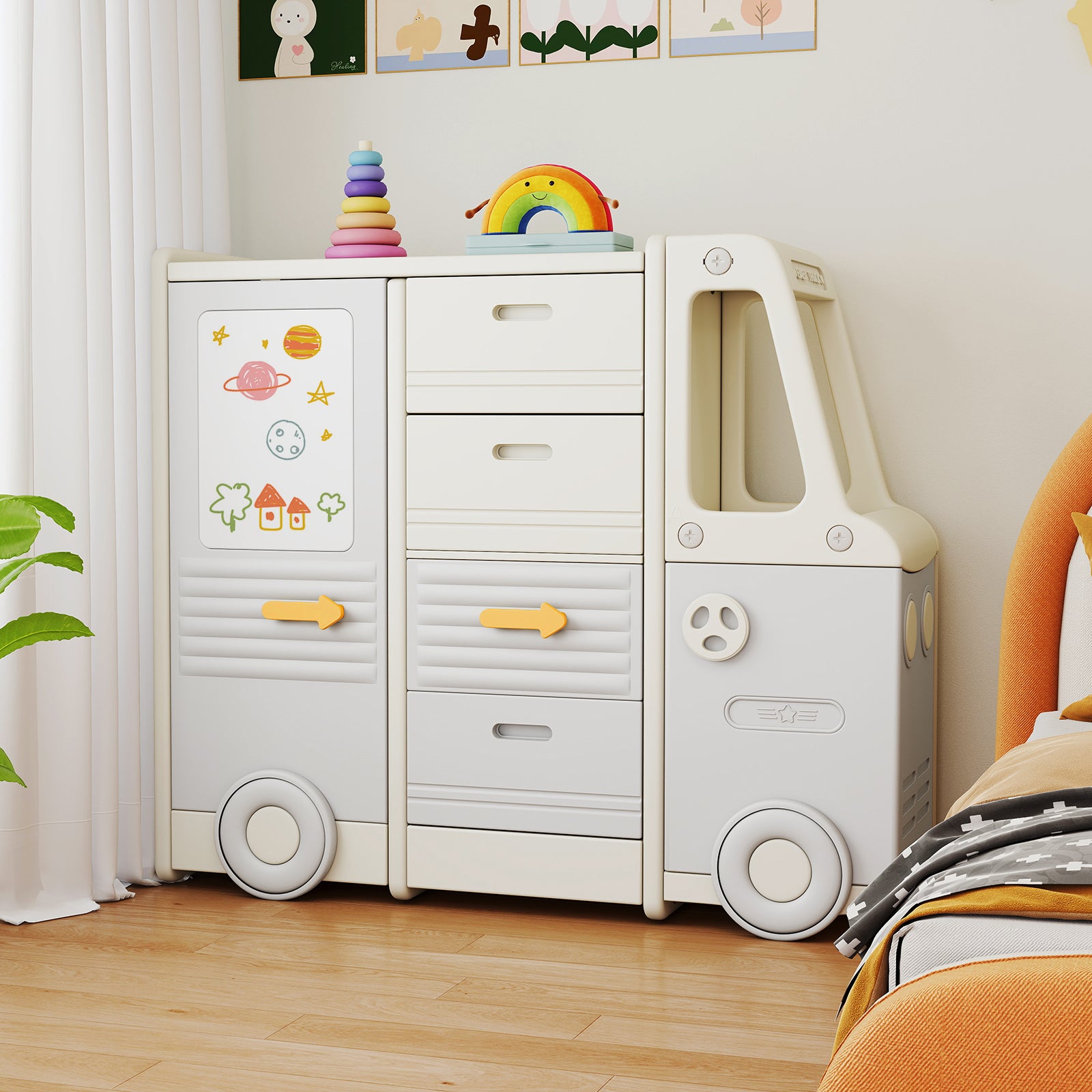 Kids Toy Storage Organizer Bus-shaped Children Cabinet with 4 Pull-out Drawers with Handles, Gray Kids Storage at Gallery Canada