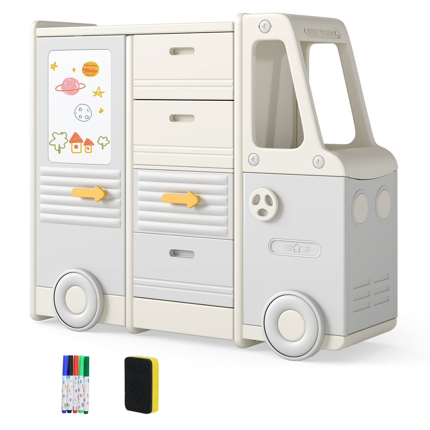 Kids Toy Storage Organizer Bus-shaped Children Cabinet with 4 Pull-out Drawers with Handles, Gray Kids Storage at Gallery Canada
