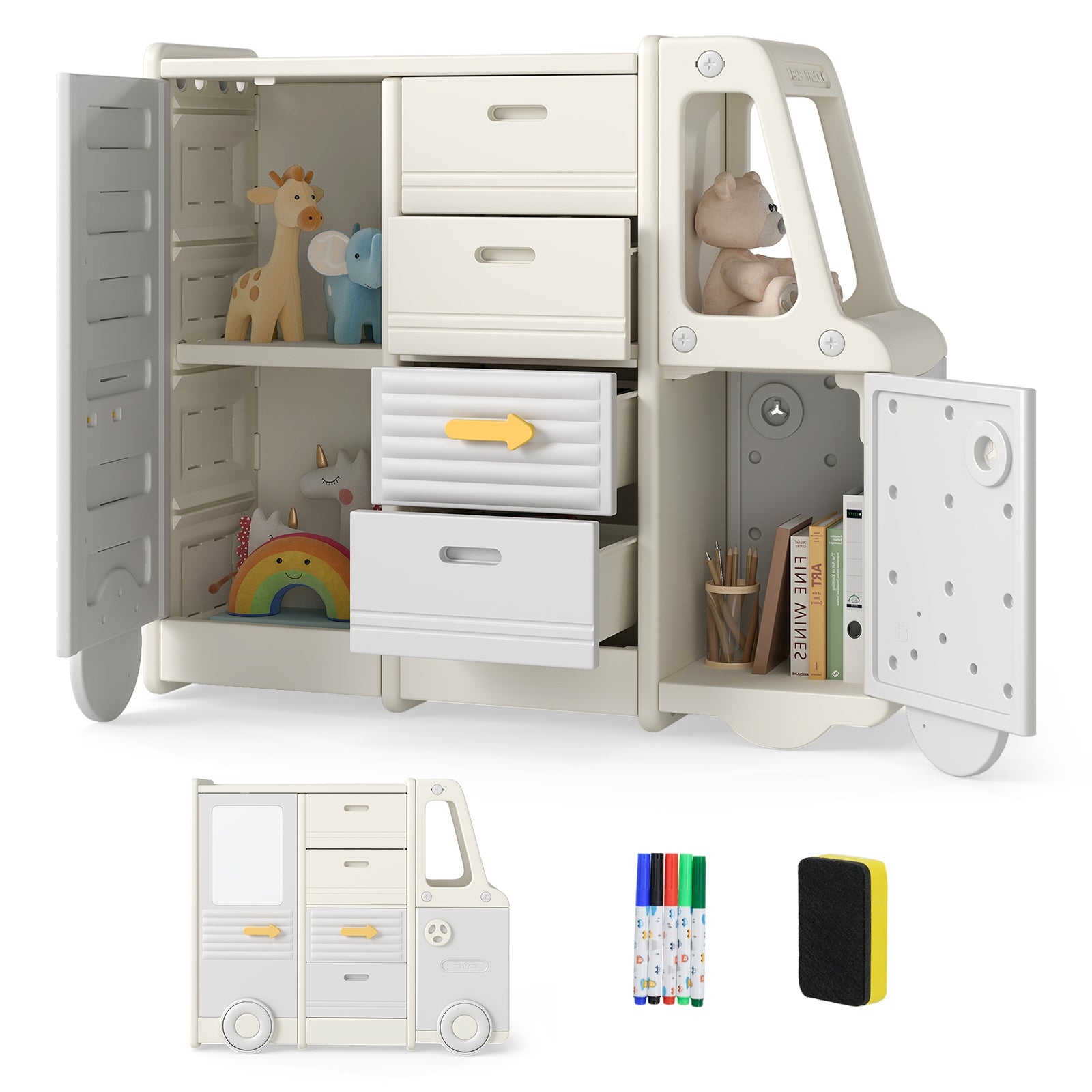 Kids Toy Storage Organizer Bus-shaped Children Cabinet with 4 Pull-out Drawers with Handles, Gray Kids Storage at Gallery Canada
