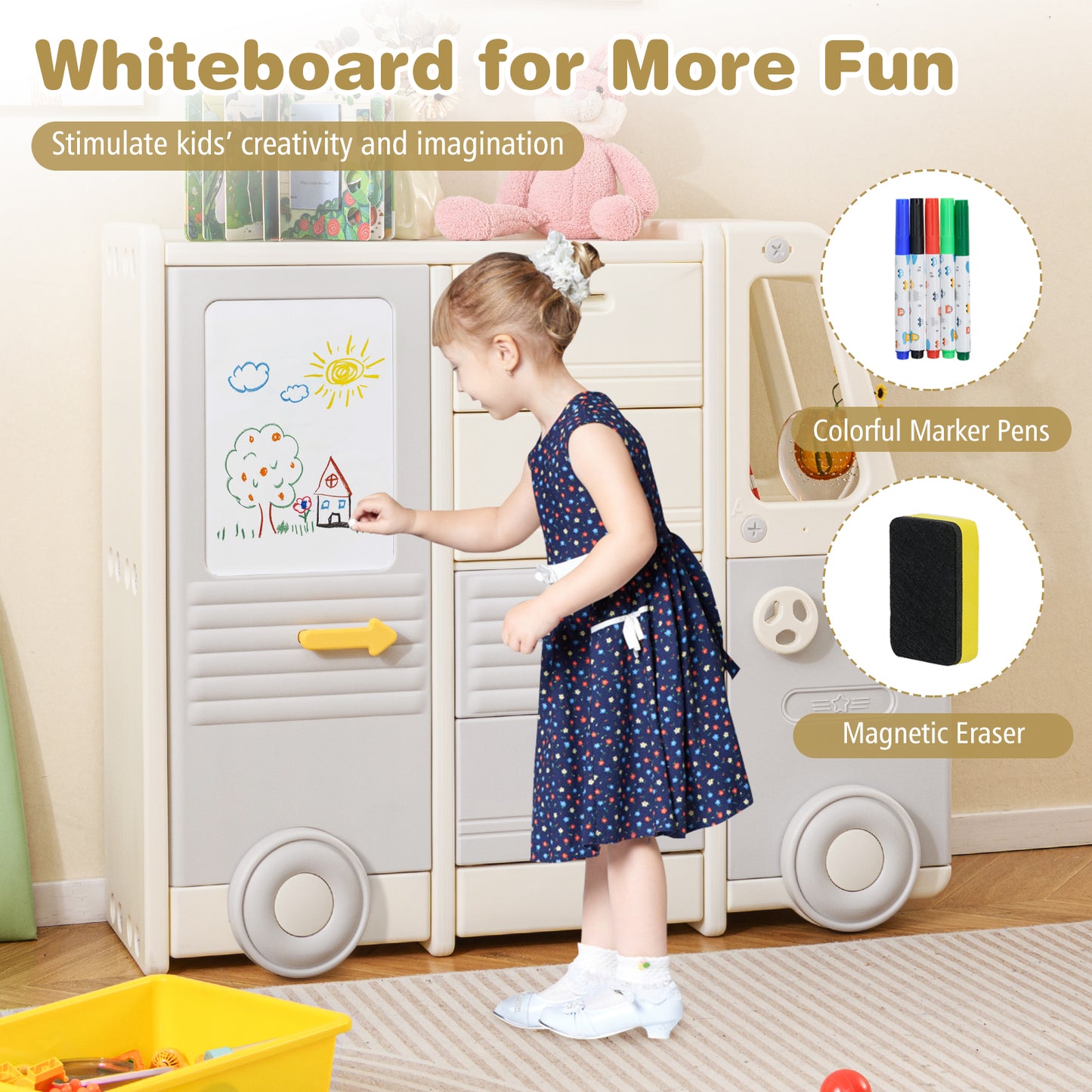 Kids Toy Storage Organizer Bus-shaped Children Cabinet with 4 Pull-out Drawers with Handles, Gray Kids Storage at Gallery Canada