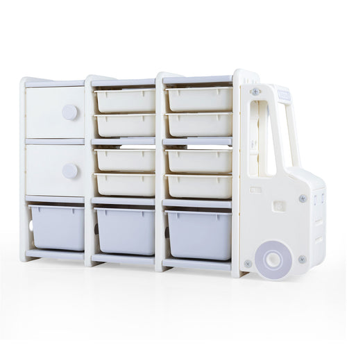 Kids Toy Storage Organizer Truck, 2 Cabinets, 11 Removable Bins, Gray