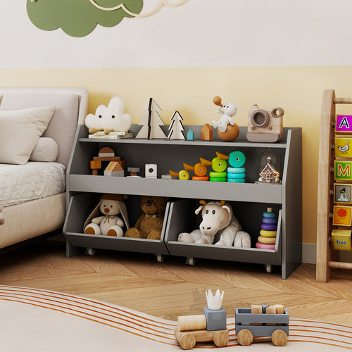 Kids Toy Storage Organizer Wooden Bookcase with 2 Movable Drawers, Gray