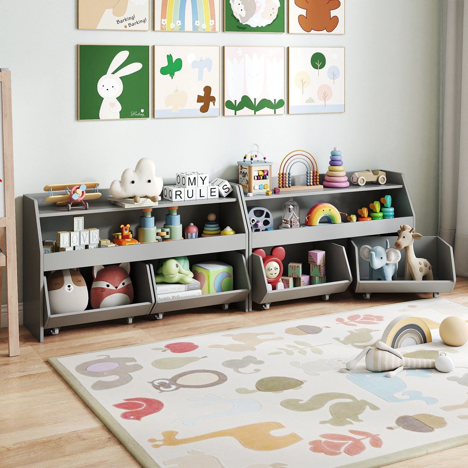 Kids Toy Storage Organizer Wooden Bookcase with 2 Movable Drawers, Gray Kids Storage at Gallery Canada