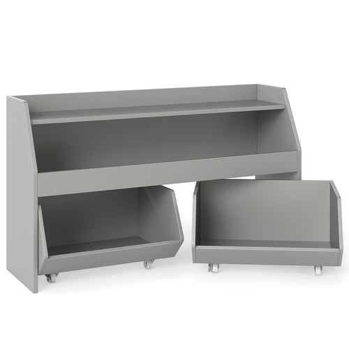 Kids Toy Storage Organizer Wooden Bookcase with 2 Movable Drawers, Gray