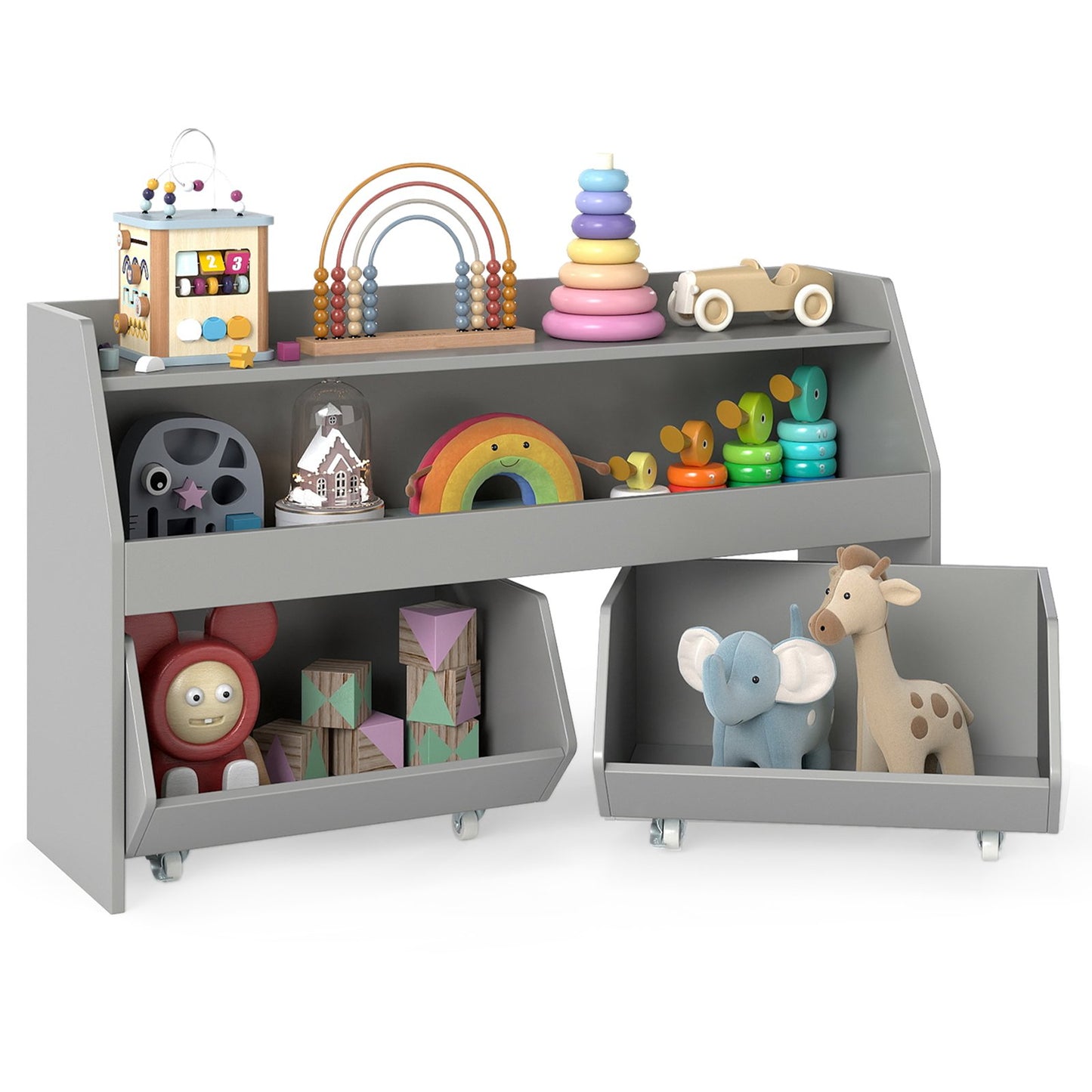 Kids Toy Storage Organizer Wooden Bookcase with 2 Movable Drawers, Gray Kids Storage at Gallery Canada