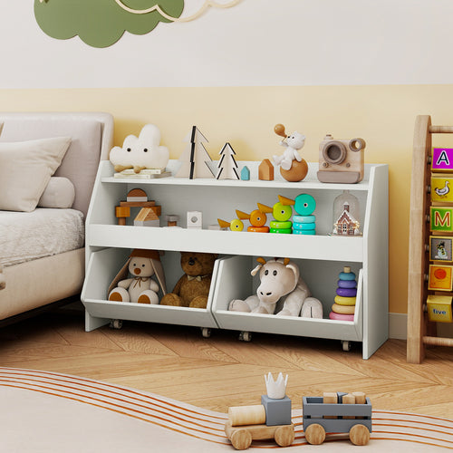 Kids Toy Storage Organizer Wooden Bookcase with 2 Movable Drawers, White