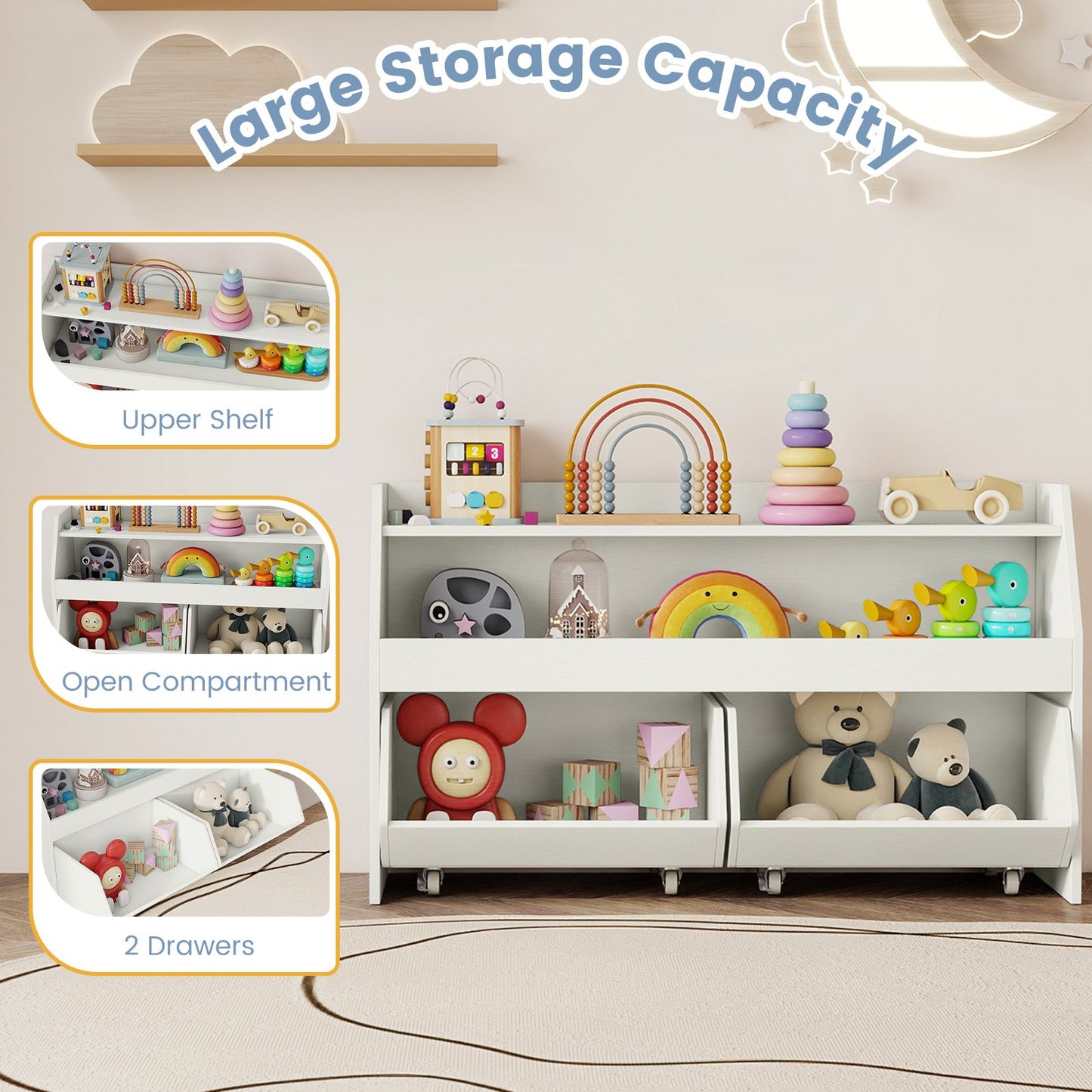 Kids Toy Storage Organizer Wooden Bookcase with 2 Movable Drawers, White Kids Storage at Gallery Canada