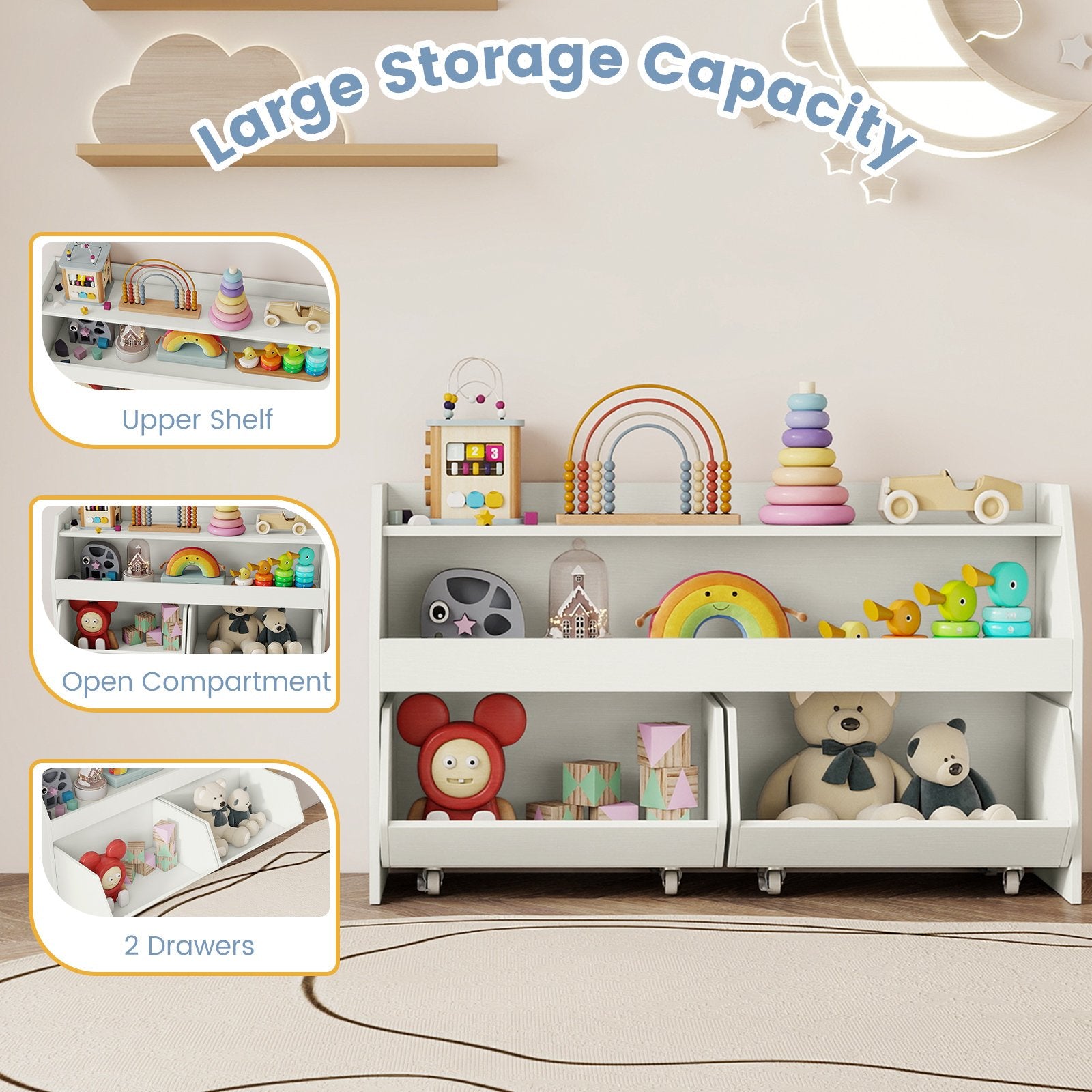 Kids Toy Storage Organizer Wooden Bookcase with 2 Movable Drawers, White Kids Storage at Gallery Canada