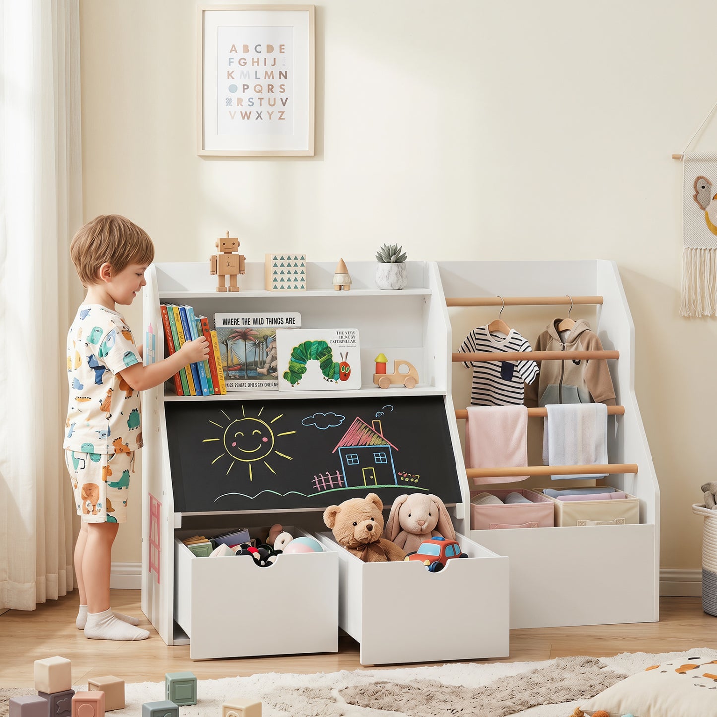Kids Toy Storage Organizer with Flip-up Blackboard, White