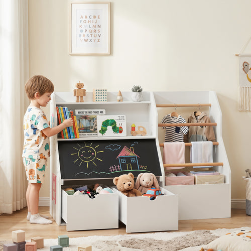 Kids Toy Storage Organizer with Flip-up Blackboard, White
