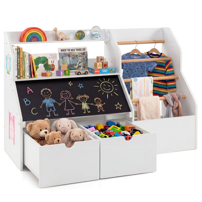 Kids Toy Storage Organizer with Flip-up Blackboard, White