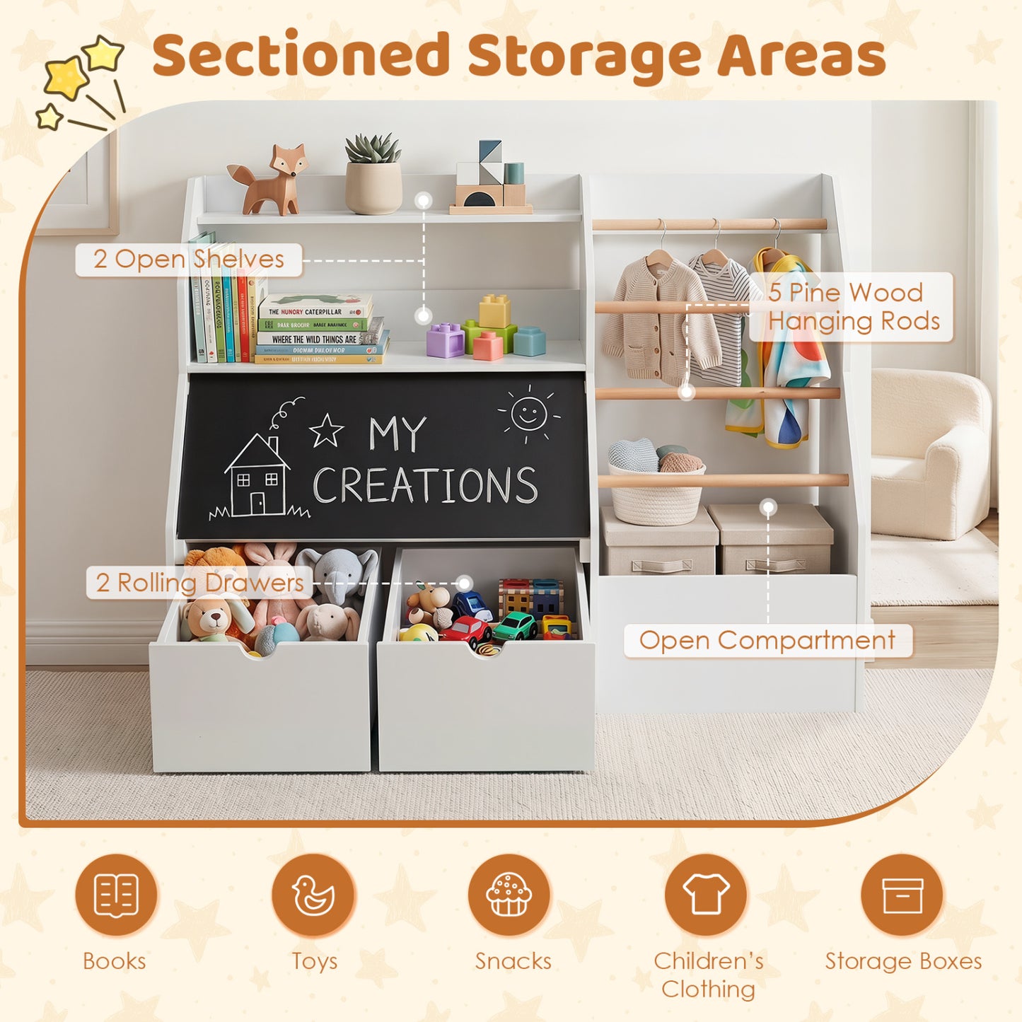 Kids Toy Storage Organizer with Flip-up Blackboard, White