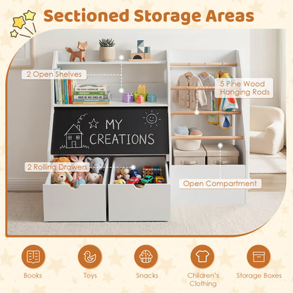 Kids Toy Storage Organizer with Flip-up Blackboard, White