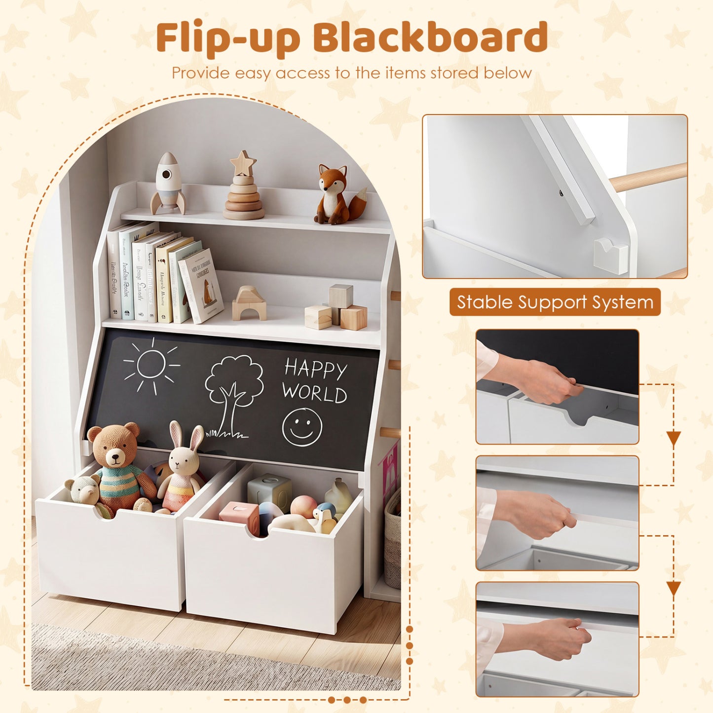 Kids Toy Storage Organizer with Flip-up Blackboard, White
