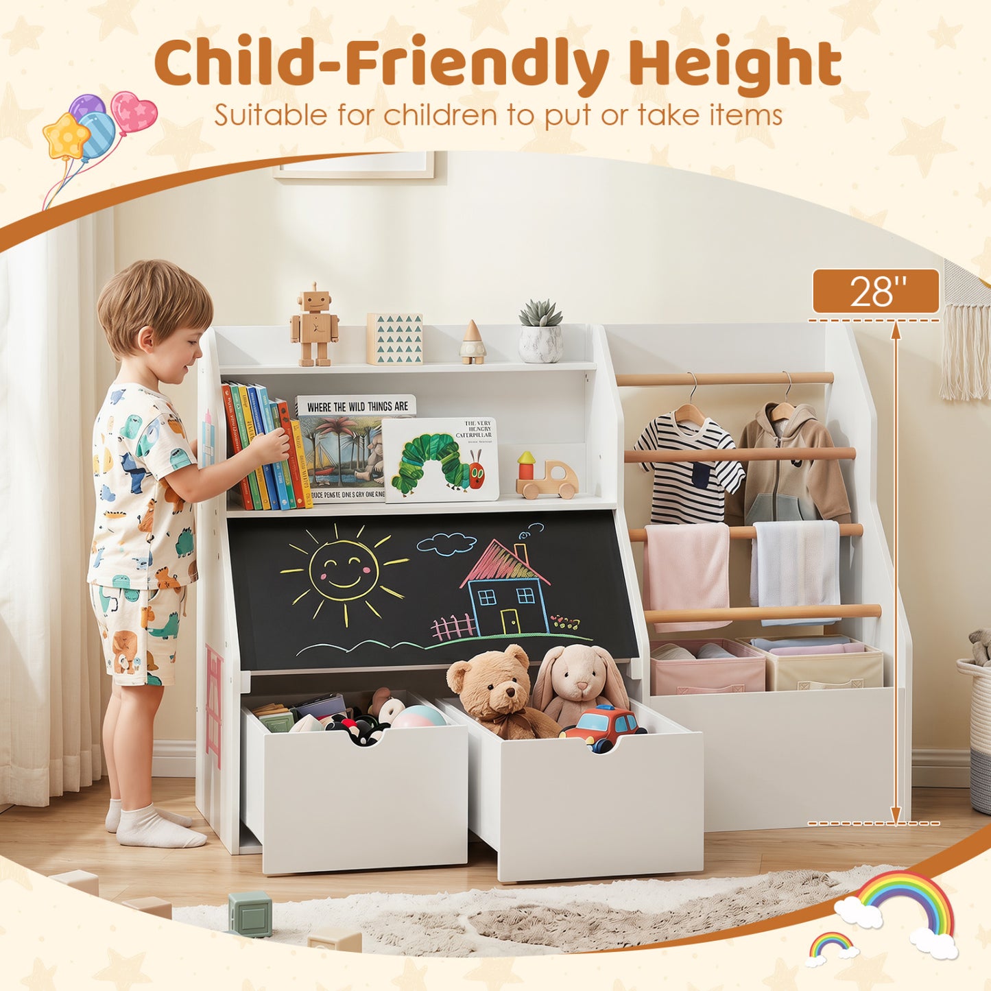Kids Toy Storage Organizer with Flip-up Blackboard, White