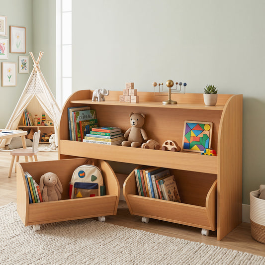 Kids Toy Storage Organizer, 2 Rolling Drawers, 3-Tier Bookshelf, Natural Kids Storage Natural at Gallery Canada