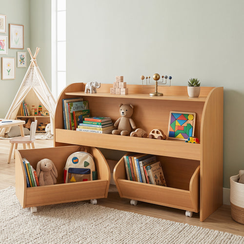 Kids Toy Storage Organizer, 2 Rolling Drawers, 3-Tier Bookshelf, Natural