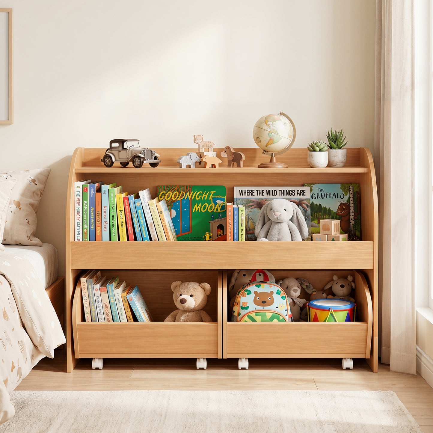 Kids Toy Storage Organizer, 2 Rolling Drawers, 3-Tier Bookshelf, Natural