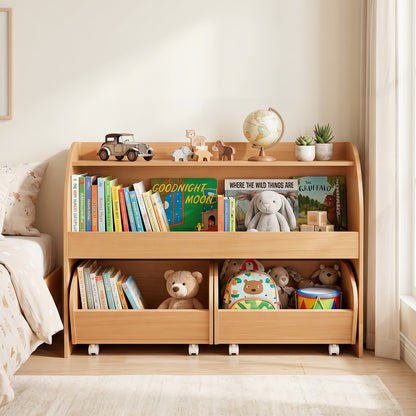 Kids Toy Storage Organizer, 2 Rolling Drawers, 3-Tier Bookshelf, Natural