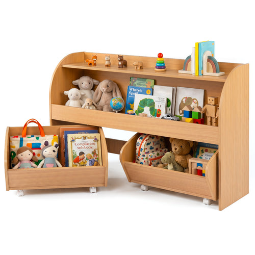 Kids Toy Storage Organizer, 2 Rolling Drawers, 3-Tier Bookshelf, Natural