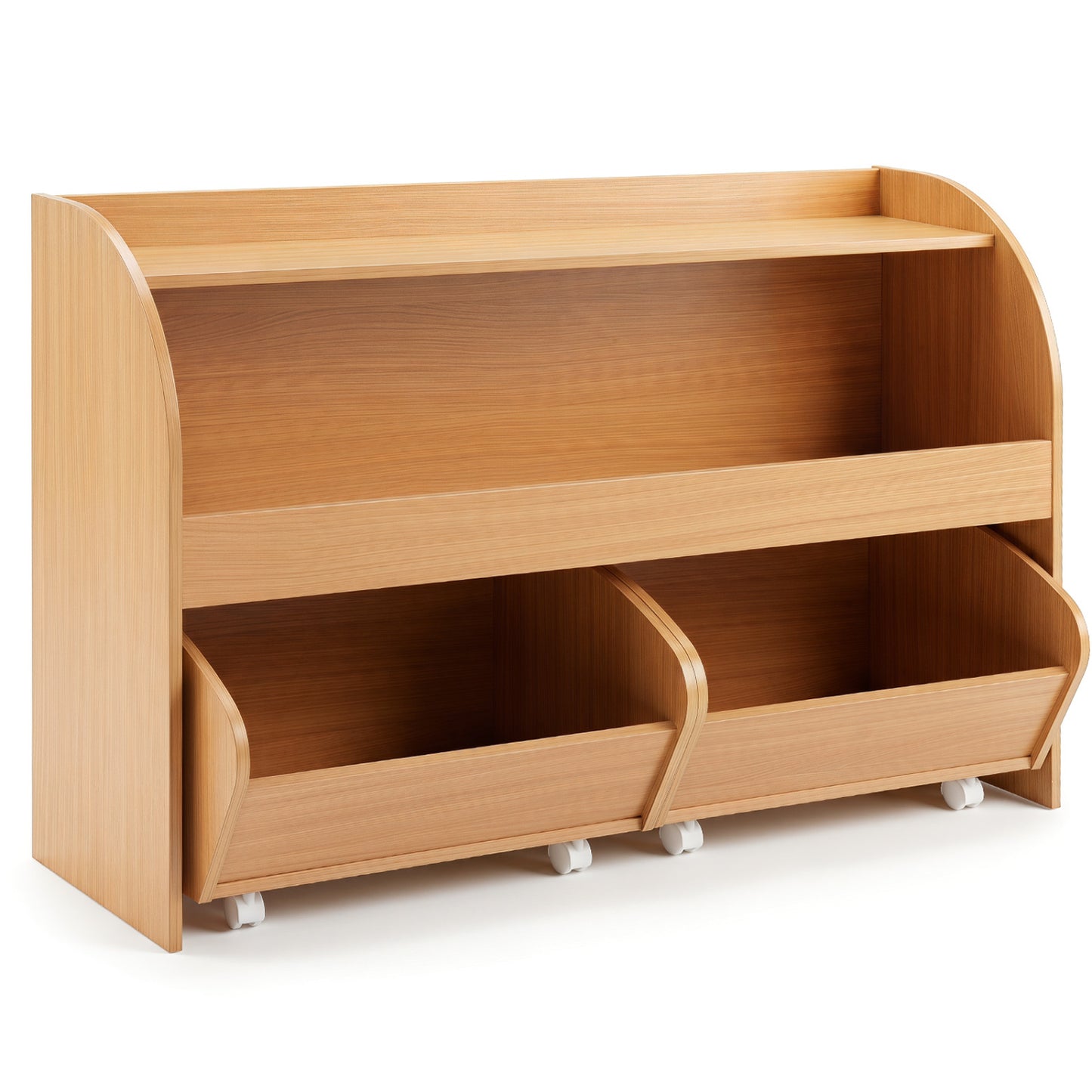 Kids Toy Storage Organizer, 2 Rolling Drawers, 3-Tier Bookshelf, Natural