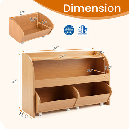 Kids Toy Storage Organizer, 2 Rolling Drawers, 3-Tier Bookshelf, Natural