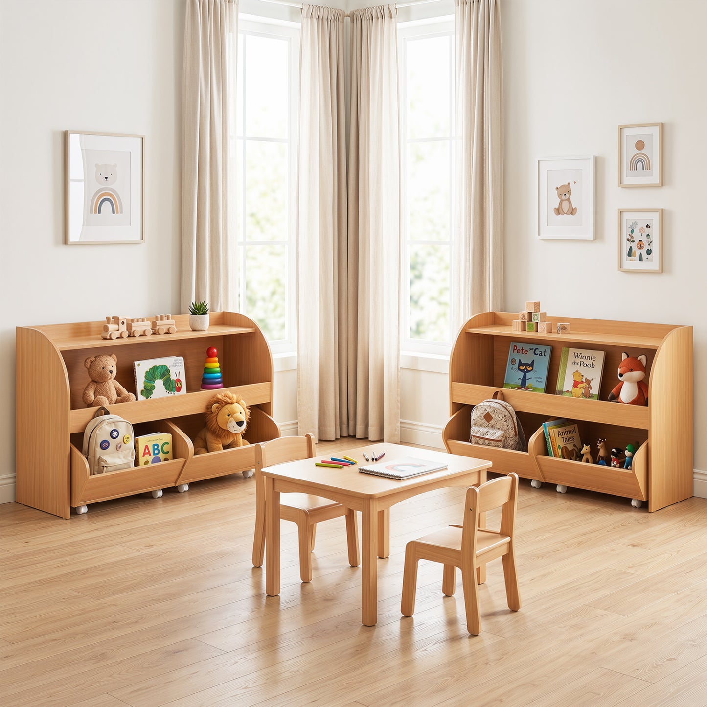 Kids Toy Storage Organizer, 2 Rolling Drawers, 3-Tier Bookshelf, Natural