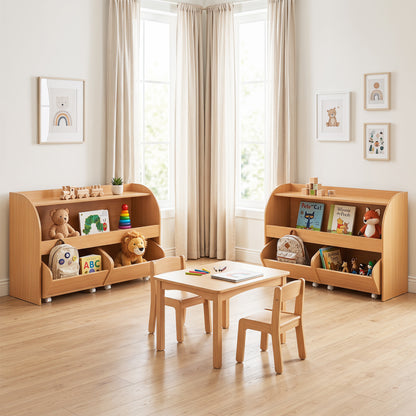 Kids Toy Storage Organizer, 2 Rolling Drawers, 3-Tier Bookshelf, Natural