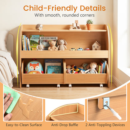 Kids Toy Storage Organizer, 2 Rolling Drawers, 3-Tier Bookshelf, Natural