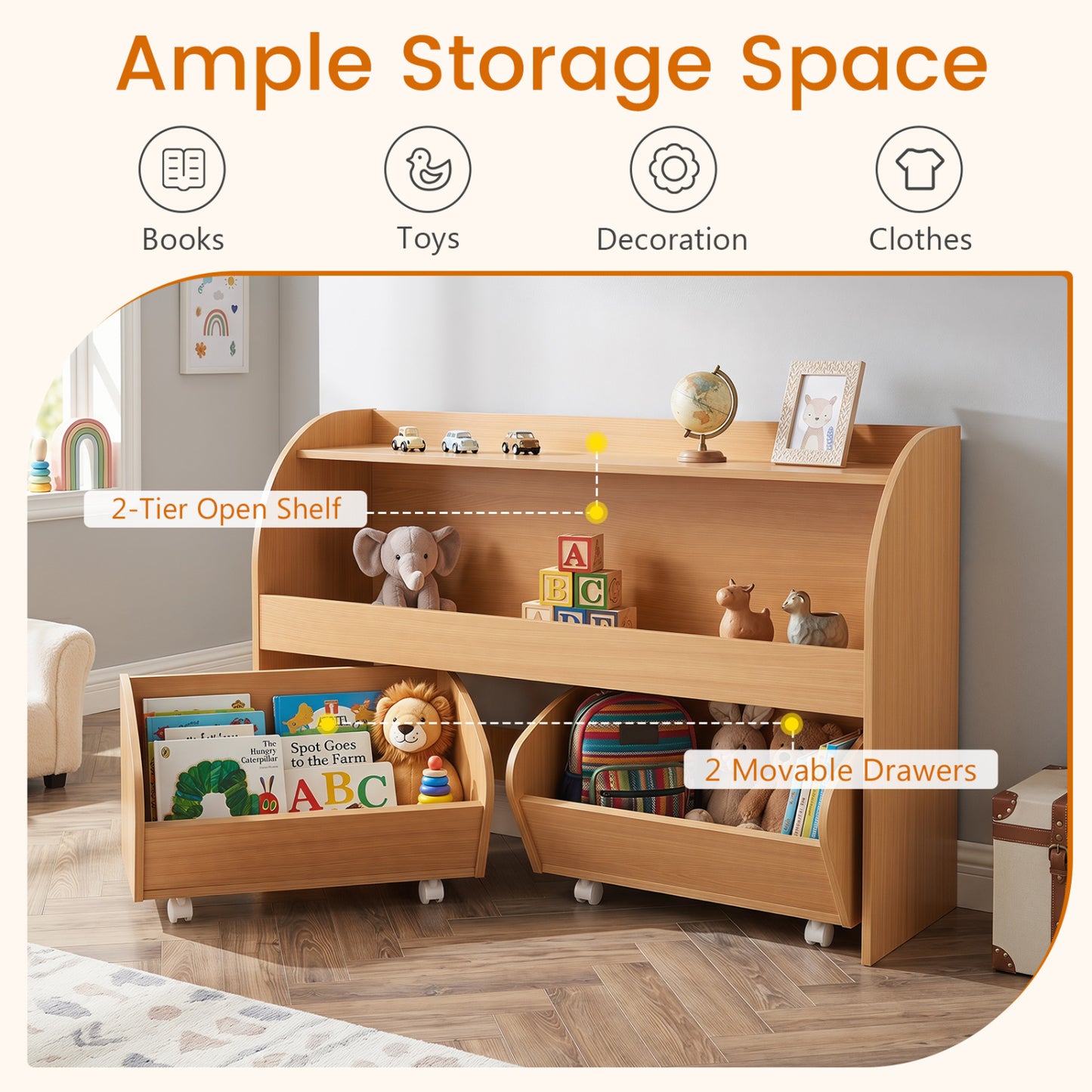 Kids Toy Storage Organizer, 2 Rolling Drawers, 3-Tier Bookshelf, Natural