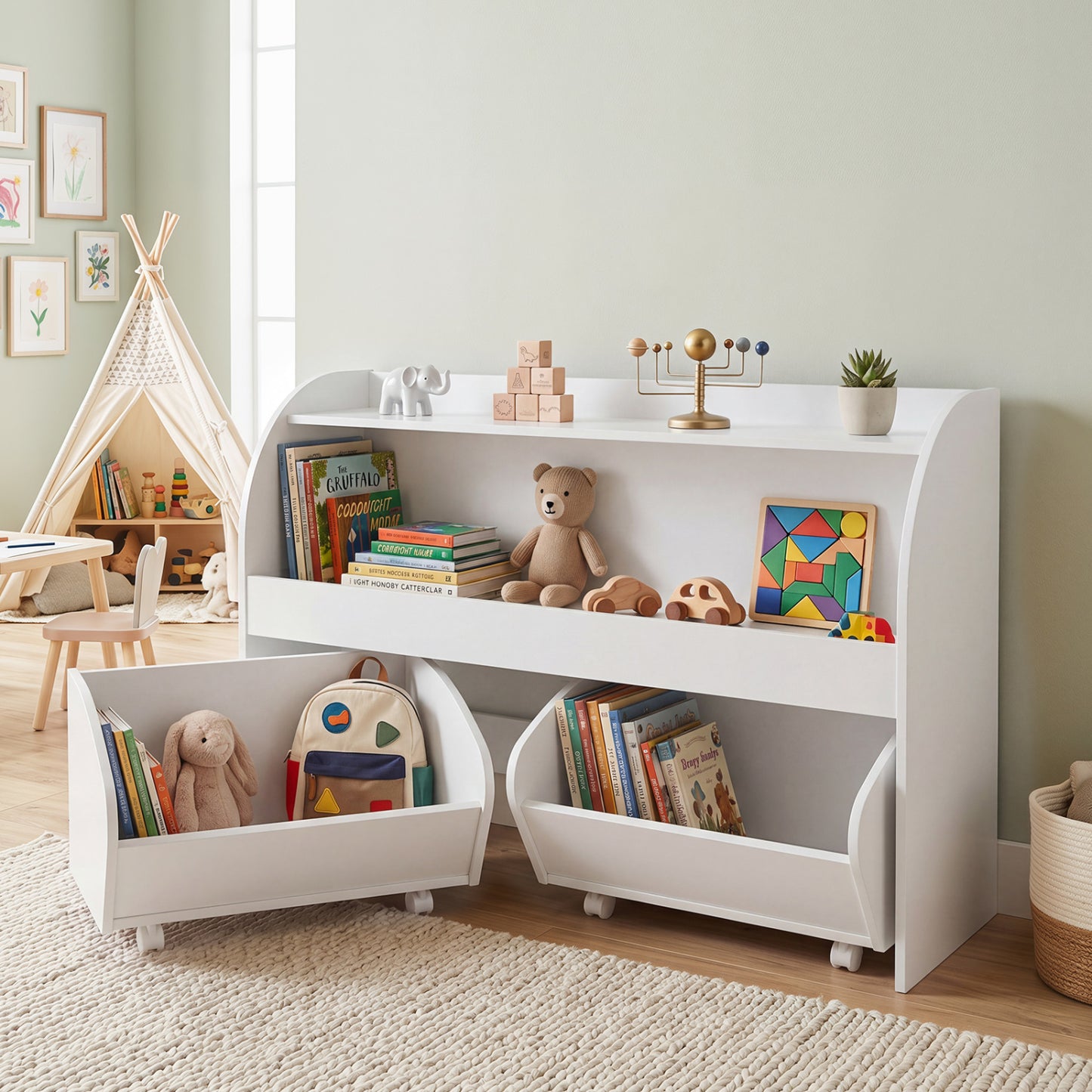 Kids Toy Storage Organizer, 2 Rolling Drawers, 3-Tier Bookshelf, White