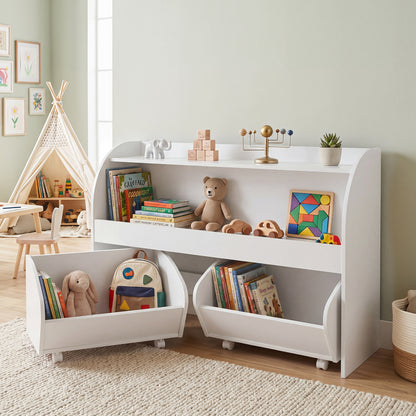 Kids Toy Storage Organizer, 2 Rolling Drawers, 3-Tier Bookshelf, White