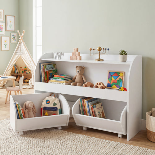 Kids Toy Storage Organizer, 2 Rolling Drawers, 3-Tier Bookshelf, White